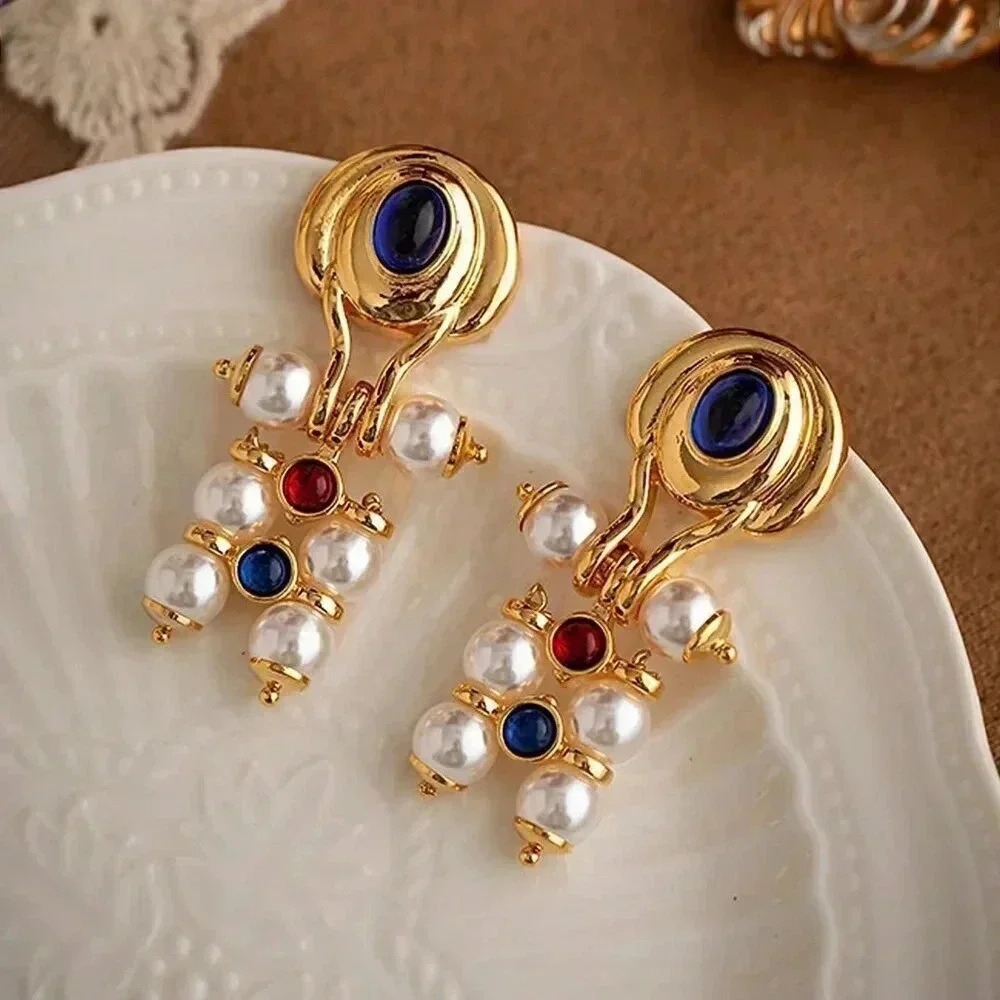 Blue Women's Imitation Stone Metallic Beaded Faux Pearl Gold Plated Earrings - Picture 5 of 8